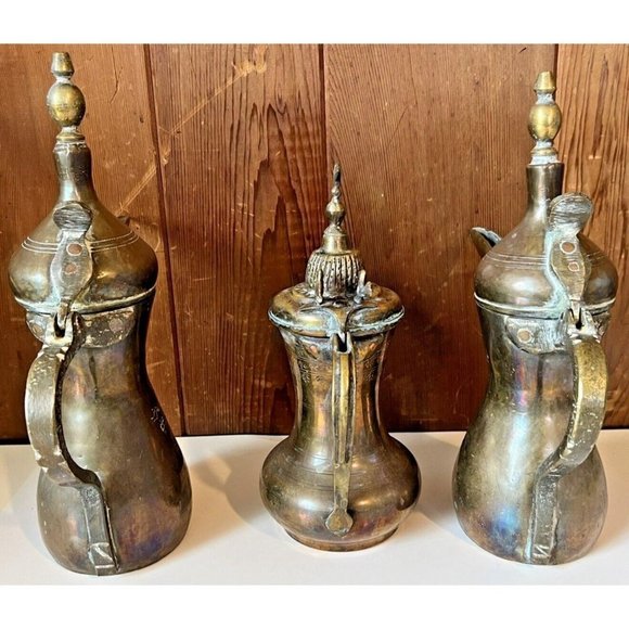 Brass Islamic Dallah Arabic Coffee Pots Middle Eastern India Set Of 3 - Picture 4 of 16